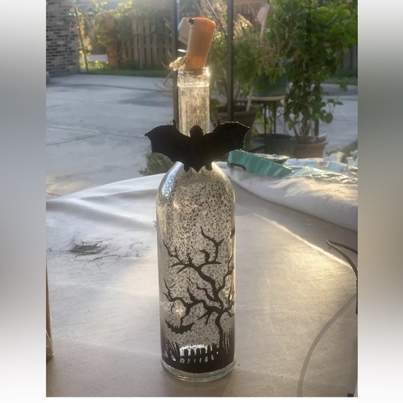 Lighted Halloween Mercury Glass Bottles with Bat Halloween Decoration